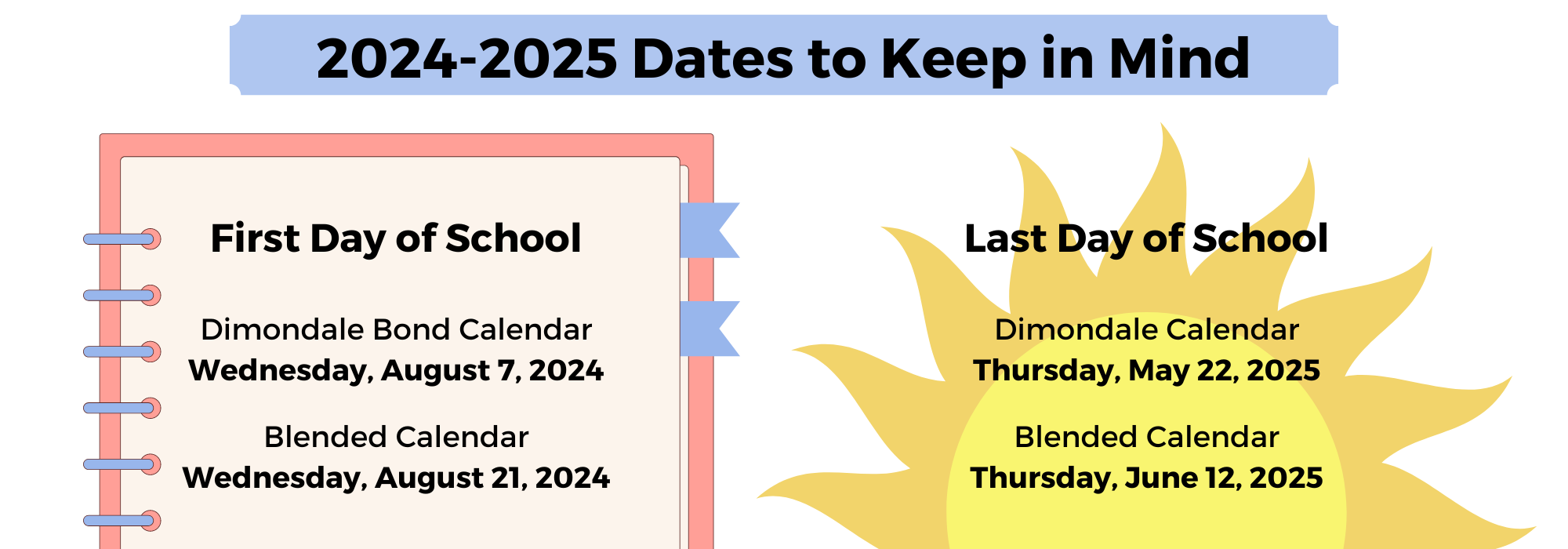 First Day of School: Blended - August 16; Bond - August 28. Last Day of School: Blended - June 12